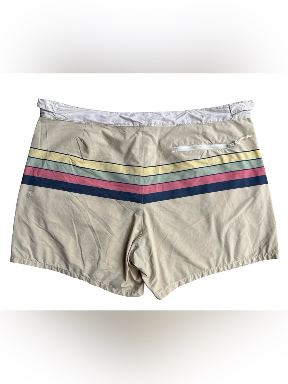MARINE LAYER 5” Swim Trunks Board Beach Shorts 34 Khaki Multi-Stripe Retro Surf - Picture 6 of 11